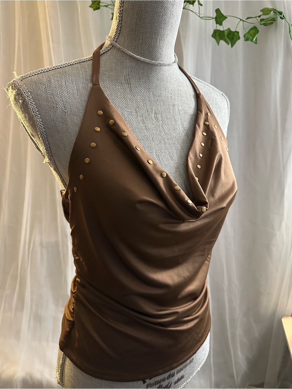 Madden Girl Brown Strapless Satin Cowl Top with Gold Studs